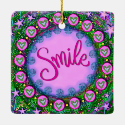 おもしろいフローラスマイルパープルかわいらしハート刺激性 セラミックオーナメント (裏面)