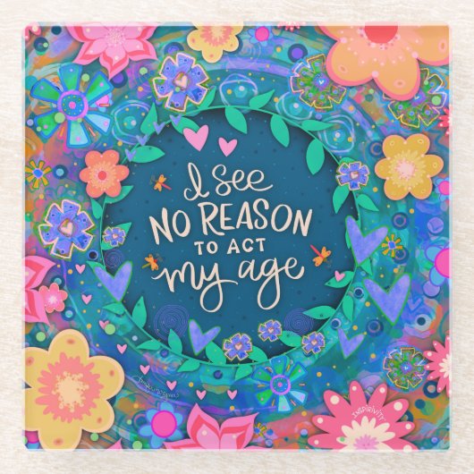 おもしろいフローラブルーピンクアクトマイエイジ引用文 ガラスコースター (正面)