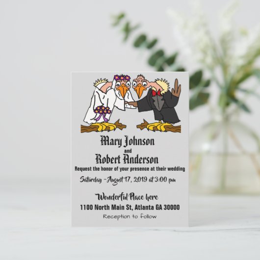 おもしろいブザーード新郎新婦結婚式招待状 インビテーションポストカード (スタンド正面)