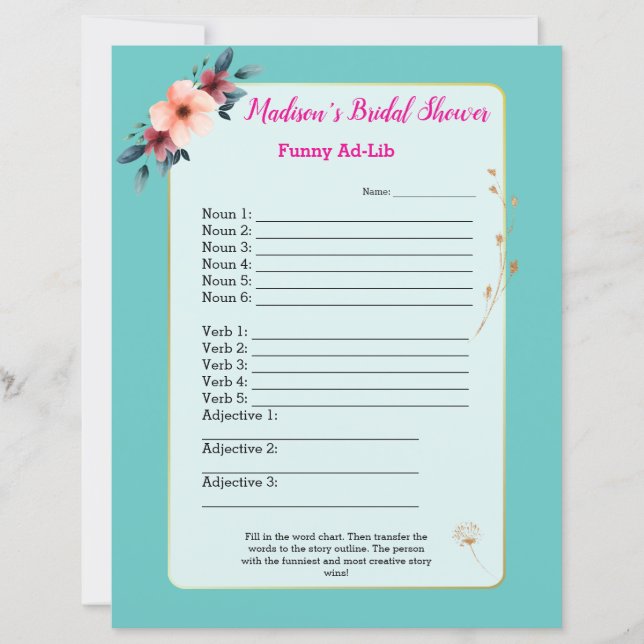 おもしろいブライダルシャワーゲーム🎉 Ad-Lib (正面)