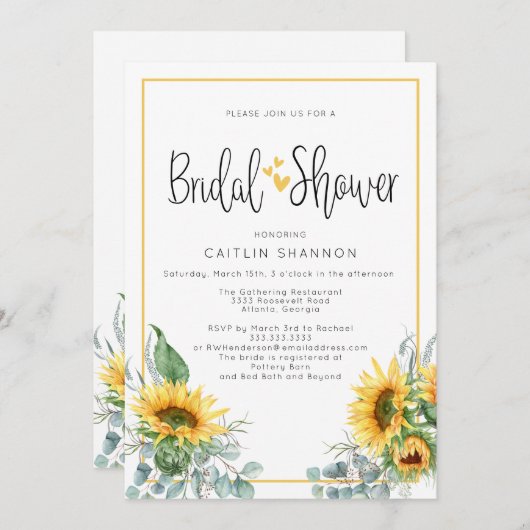 おもしろいブライダルシャワーヒマワリと黄色のハート 招待状 (正面/裏面)