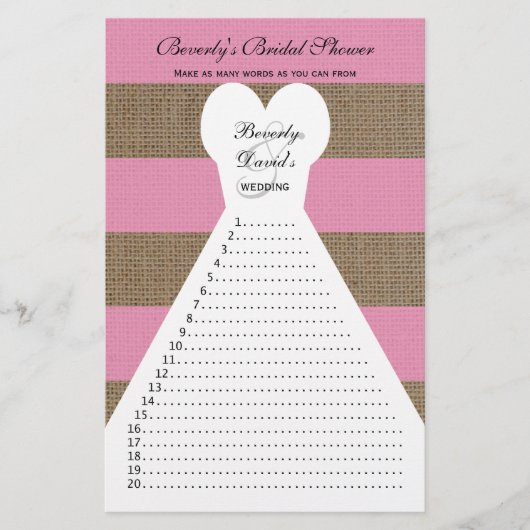 おもしろいブライダルシャワーワードゲーム – ピンク チラシ (正面)