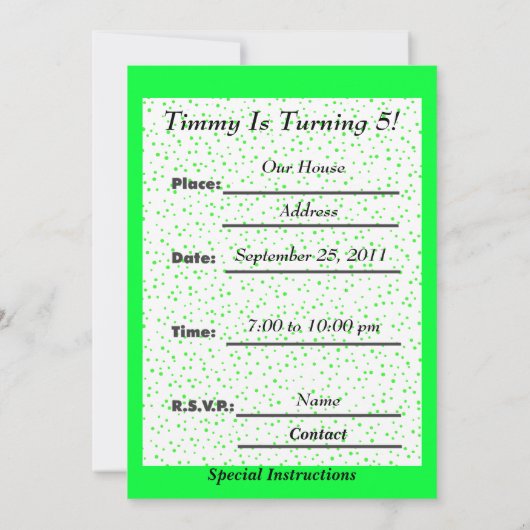 おもしろいブライトグリーン子供の誕生日ヘビ水玉模様 招待状 (裏面)