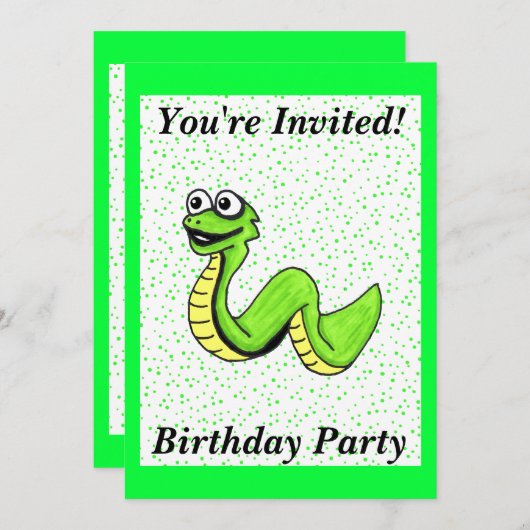おもしろいブライトグリーン子供の誕生日ヘビ水玉模様 招待状 (正面/裏面)