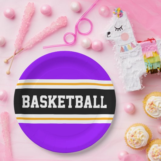 おもしろいブライトパープルブラックイエローバスケットボールストライプ選手 ペーパープレート (パーティー)