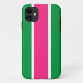 おもしろいブライトピンクグリーンホワイトスポーティレーシングストライプズ iPhone 11 ケース