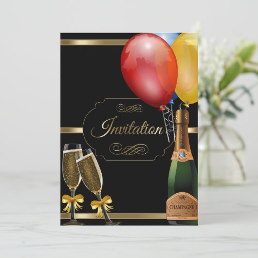 おもしろいブラックおよび金ゴールドパーティーお祝い招待状 招待状 (スタンド正面)