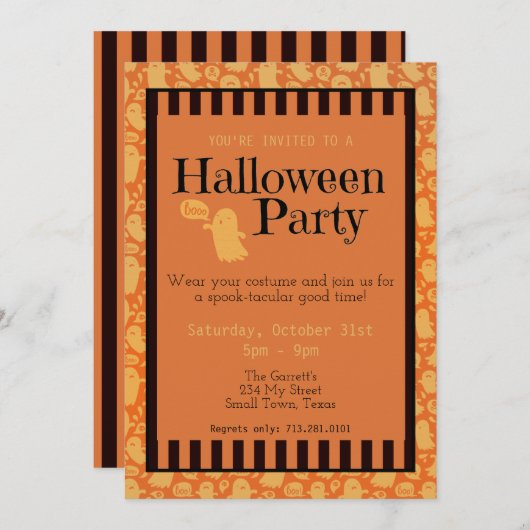 おもしろいブラックオレンジ幽霊かわいいハローウィンパーティ 招待状 (正面/裏面)