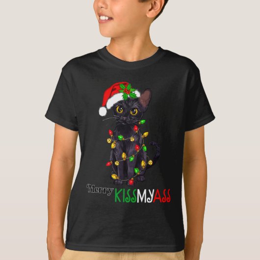 おもしろいブラックキャットキメリースミアスクリスマスパジャマスクリッツム Tシャツ (正面)