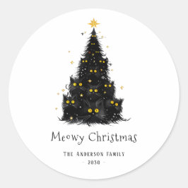 おもしろいブラックキャットマイオウィクリスマスツリー ラウンドシール
