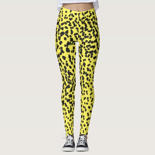 おもしろいブラックネオンイエロー水玉模様ダルマチアンパターン レギンス (正面)