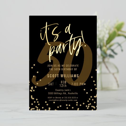おもしろいブラック50誕生日実在金箔招待状 箔招待状 (立ち正面)