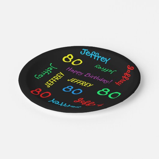 おもしろいブラック、80歳の誕生日パーティー、繰り返し名 ペーパープレート (アングル)