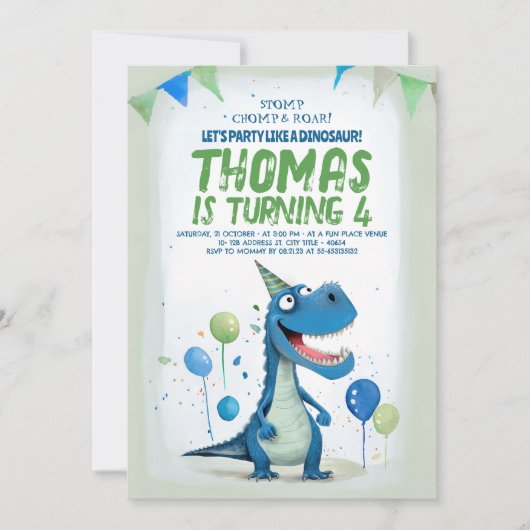 おもしろいブルーアンドグリーン誕生日 招待状 (正面)