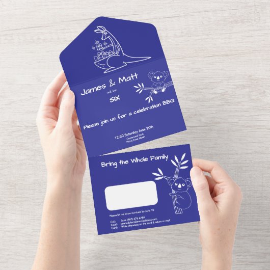 おもしろいブルーオーストラリア動物双生児6誕生日 オールインワン招待状 (貼ってはがせる)