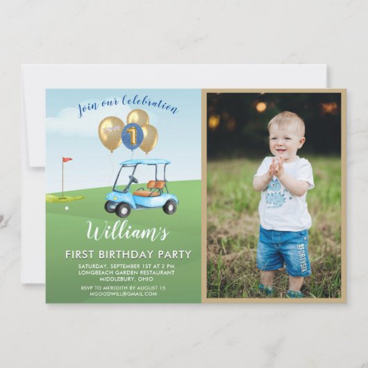おもしろいブルーゴルフカート写真ファースト誕生日ボーイ 招待状 (正面)