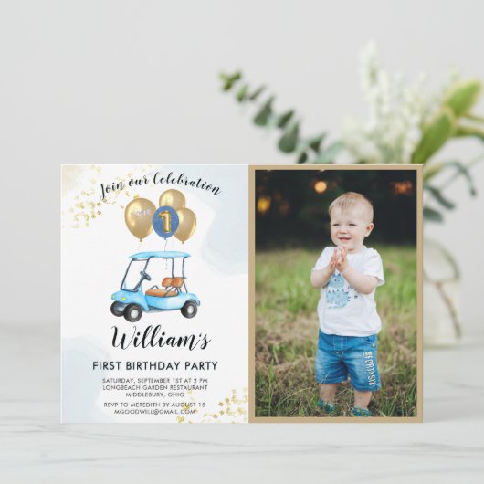 おもしろいブルーゴルフカート写真ファースト誕生日ボーイ 招待状 (スタンド正面)