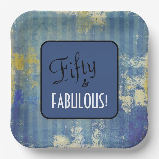 おもしろいブルーデニムパターンFifty & FABULOUS!バースデー ペーパープレート (正面)
