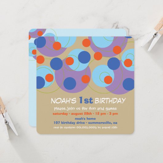 おもしろいブルーバブリーのドット写真ボーイ1st誕生日パーティー 招待状 (正面/裏面インサイチュ)