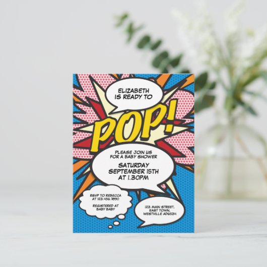 おもしろいブルーベビーシャワースプリンクルフォト漫画ブック インビテーションポストカード (スタンド正面)