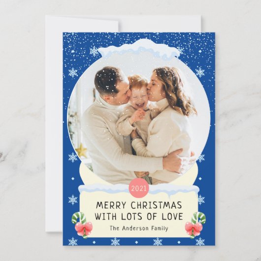 おもしろいブルーメリークリスマススノーグローブフォトカード 招待状 (正面)