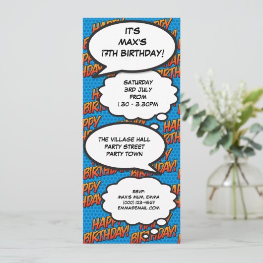 おもしろいブルーモダンバースデーパーティー漫画ブック 招待状 (スタンド正面)