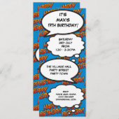 おもしろいブルーモダンバースデーパーティー漫画ブック 招待状 (正面/裏面)