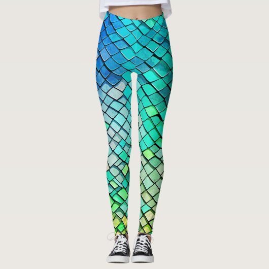 おもしろいブルー抽象芸術幾何学的マーメイドパタはかりで測ーン レギンス (正面)