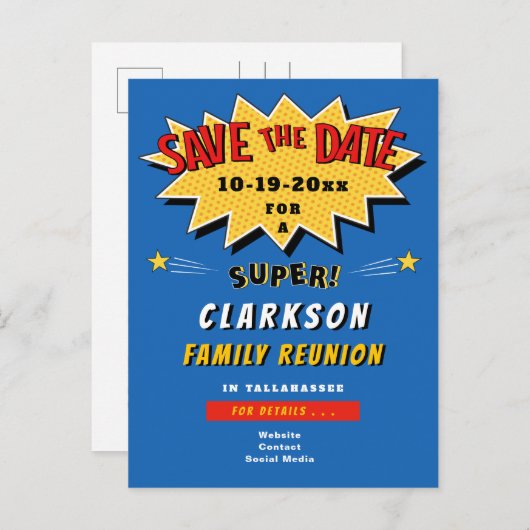 おもしろいブルー漫画すごいファミリ懇親会日付の保存 インビテーションポストカード (正面/裏面)