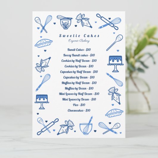 おもしろいブルー白ベーキングと料理器材価格表 メニュー (スタンド正面)