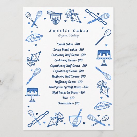 おもしろいブルー白ベーキングと料理器材価格表 メニュー (正面)