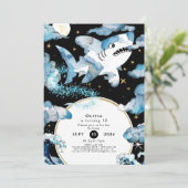 おもしろいブルー編集可能シャーク誕生日 招待状 (スタンド正面)
