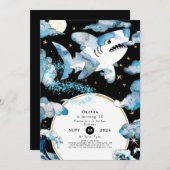 おもしろいブルー編集可能シャーク誕生日 招待状 (正面/裏面)