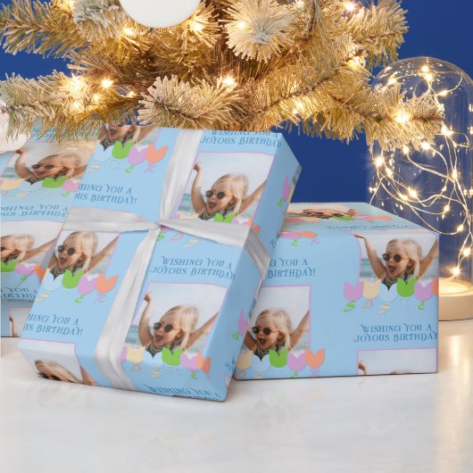 おもしろいブルー誕生日パーソナライズされたフォトチューリップ花 ラッピングペーパー (クリスマス)