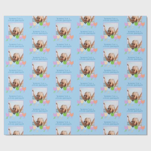 おもしろいブルー誕生日パーソナライズされたフォトチューリップ花 ラッピングペーパー (フラット)