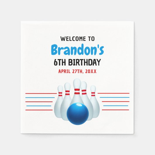 おもしろいブルー&レッドボーリングキッズ6誕生日 スタンダードカクテルナプキン (正面)