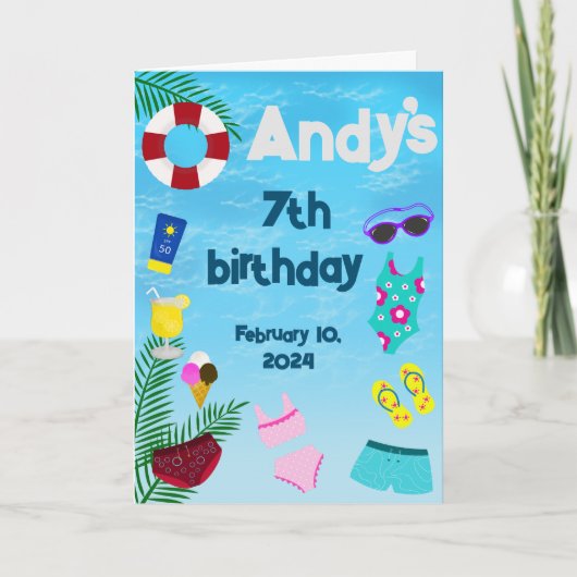 おもしろいプールの誕生日会 サンキューカード (正面)