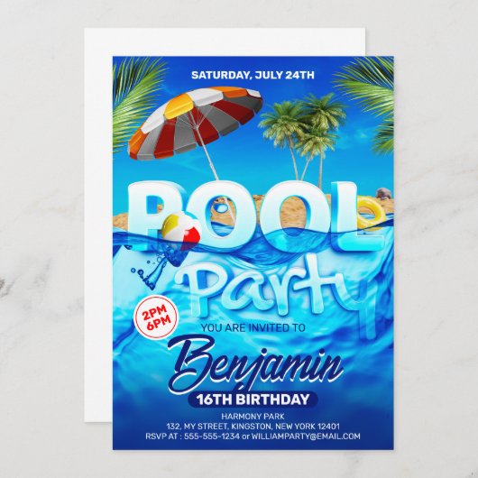 おもしろいプールパーティーブライトトロピカルスイミング誕生日 招待状 (正面/裏面)