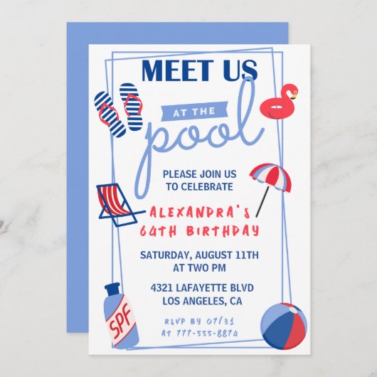 おもしろいプールパーティー64歳の誕生日招待状夏 招待状 (正面/裏面)