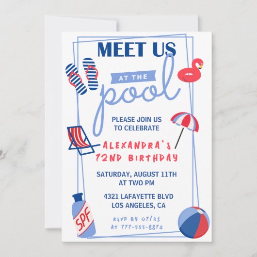おもしろいプールパーティー72歳の誕生日招待状夏 招待状 (正面)