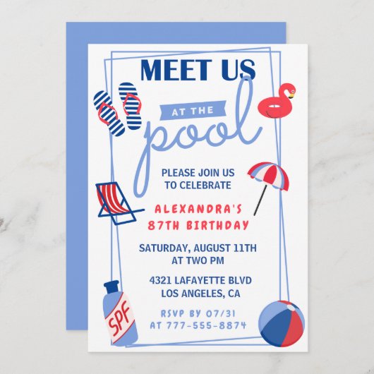 おもしろいプールパーティー87歳の誕生日招待状夏 招待状 (正面/裏面)