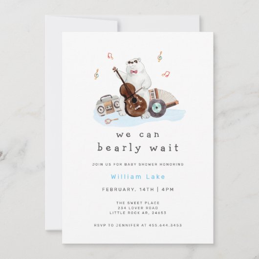 おもしろいベアリー待ちミュージシャンポーラーベア赤ちゃんシャワー 招待状 (正面)