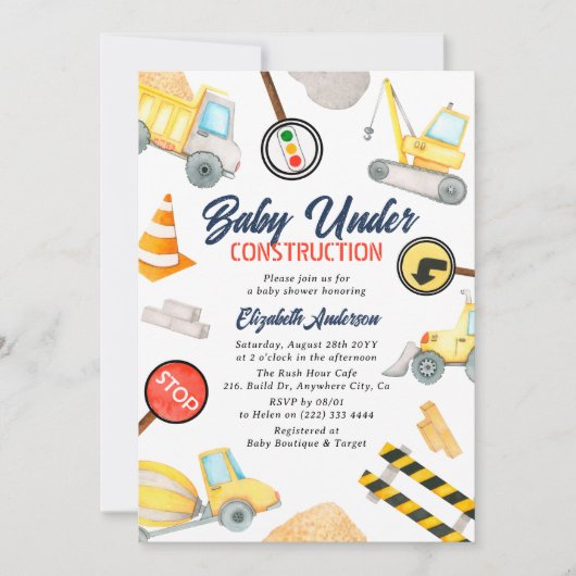 おもしろい'ベビーの下建築'かわいい男の子の赤ちゃんシャワー 招待状 (正面)