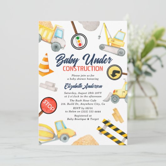おもしろい'ベビーの下建築'かわいい男の子の赤ちゃんシャワー 招待状 (スタンド正面)