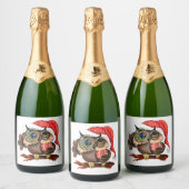 おもしろいベビーフクロウのクリスマスハットとギフト スパークリングワインラベル (ボトル)