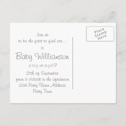 おもしろいベビーワンピースピンクとブルーの性別の明け インビテーションポストカード (裏面)