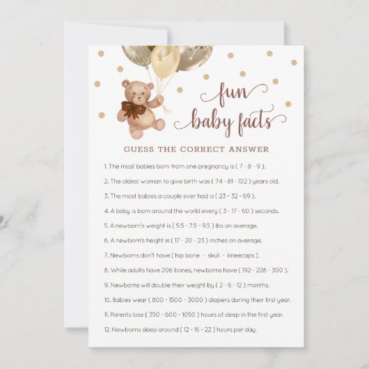 おもしろいベビー事実ゲーム赤ちゃんシャワーテディベアカード 招待状 (正面)