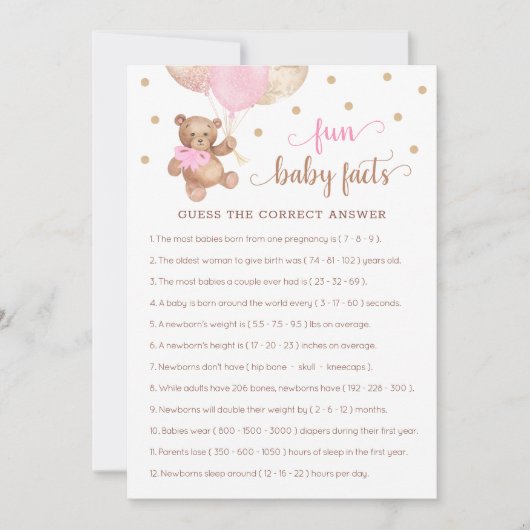 おもしろいベビー事実ゲーム赤ちゃんシャワーテディベアカード 招待状 (正面)