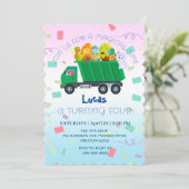 おもしろいベビー恐竜ごみトラック誕生日名 招待状 (スタンド正面)