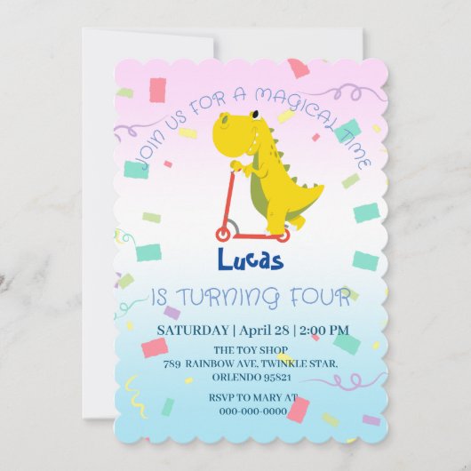 おもしろいベビー恐竜スクーター玩具誕生日DIY名 招待状 (正面)